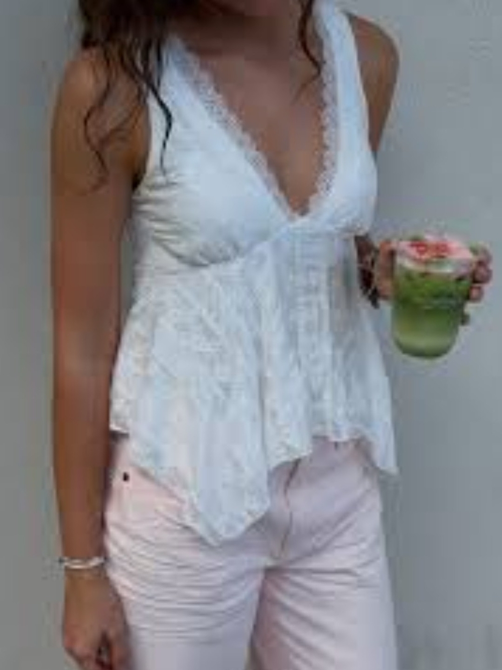 Lace-Trim White V-Neck Peplum  Top
